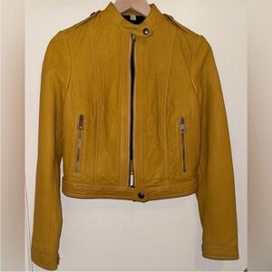 Burberry Genuine Lamb Leather Collared Zip Up Jacket Mustard Yellow Moto Size 6
